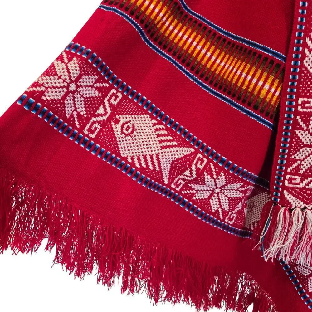 Handmade Otavalo Red Wool Poncho/Cape Made in Ecuador One Size Tribal Boho